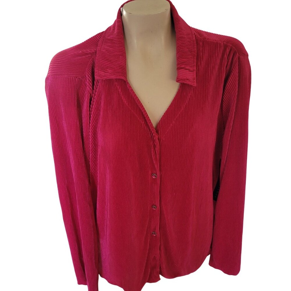 Absolutely Famous Womens Ribbed Button-Down Long-Sleeve Shirt In Bright Pink L‎
